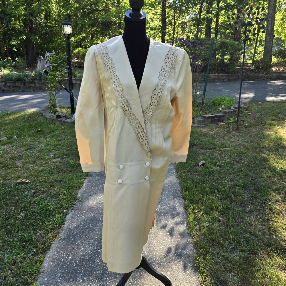 Nancy Johnson Vintage 100% Tussah Silk‎ Lace Trim Pleated Midi Dress Beige Sz 12